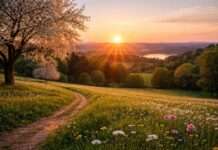 Wenn Licht und Schatten sich die Hand reichen Frühling-Wiese-Sonnenaufgang_Illustration