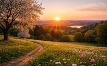 Wenn Licht und Schatten sich die Hand reichen Frühling-Wiese-Sonnenaufgang_Illustration