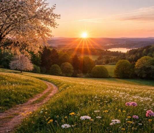 Wenn Licht und Schatten sich die Hand reichen Frühling-Wiese-Sonnenaufgang_Illustration