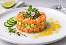 Ostern in der modernen französischen Küche: Lachs-Tatar mit Avocado, Limette und Yuzu-Gel Lachs-Tatar-mit-Avocado-und-Limette-und-Yuzu-Gel