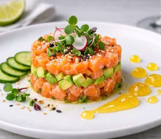 Ostern in der modernen französischen Küche: Lachs-Tatar mit Avocado, Limette und Yuzu-Gel Lachs-Tatar-mit-Avocado-und-Limette-und-Yuzu-Gel