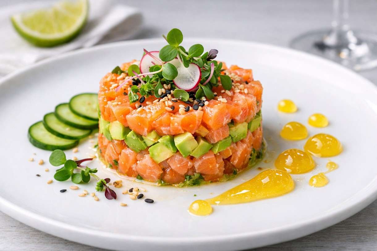Ostern in der modernen französischen Küche: Lachs-Tatar mit Avocado, Limette und Yuzu-Gel