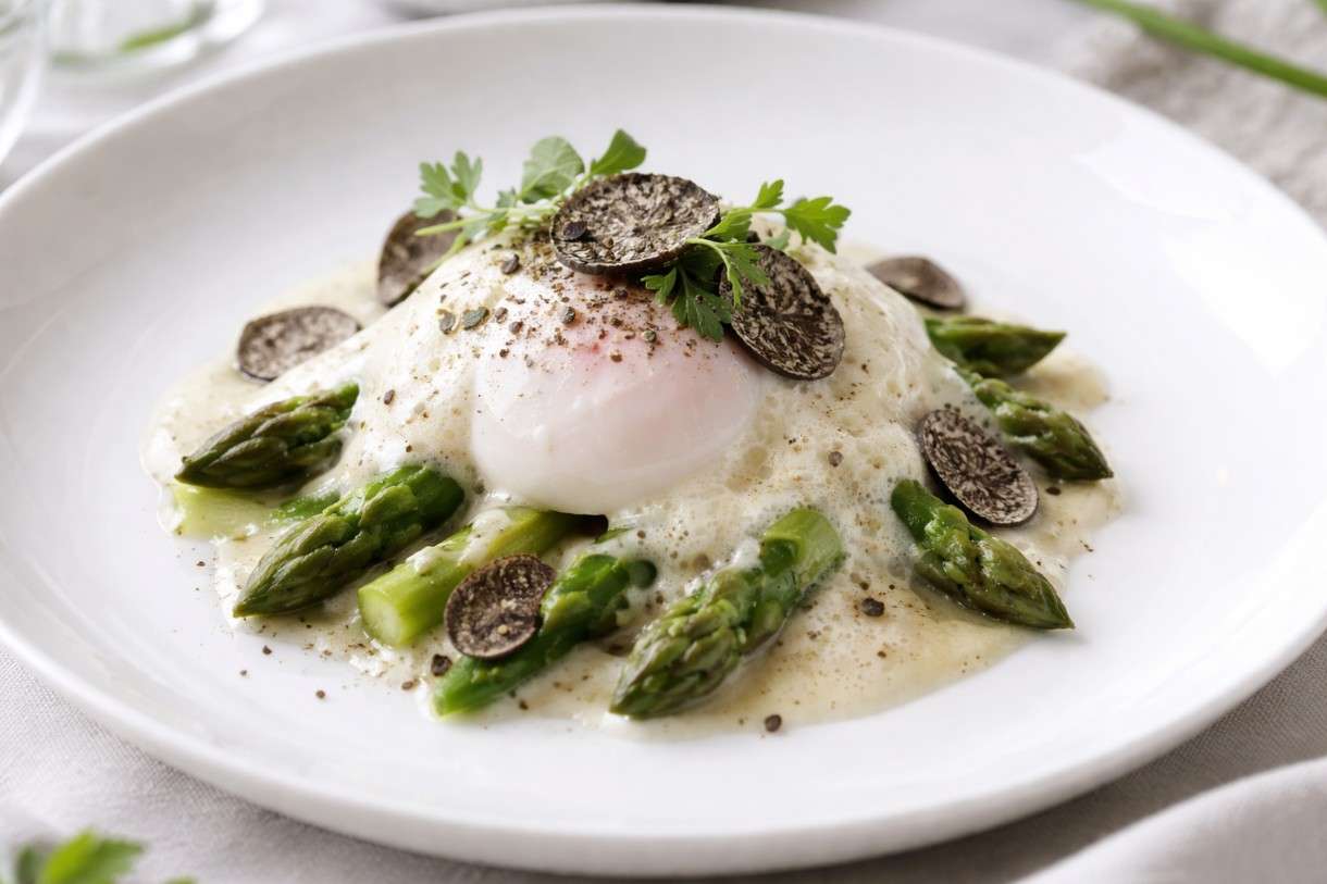 Ostern in der modernen französischen Küche: Pochiertes Ei mit Trüffel-Espuma und Spargelspitzen