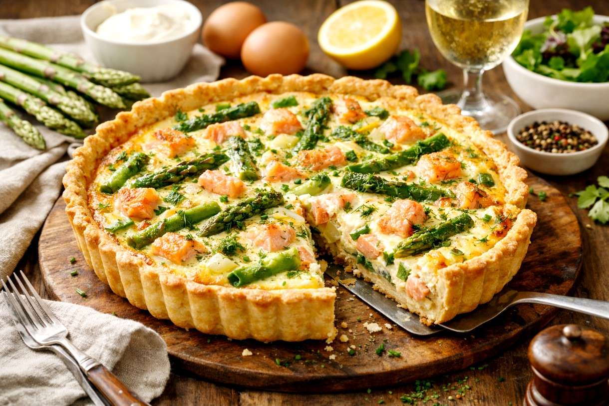 Es ist Spargelzeit – Genuss aus dem Ofen: Quiche mit Spargel, Lachs und Crème fraîche