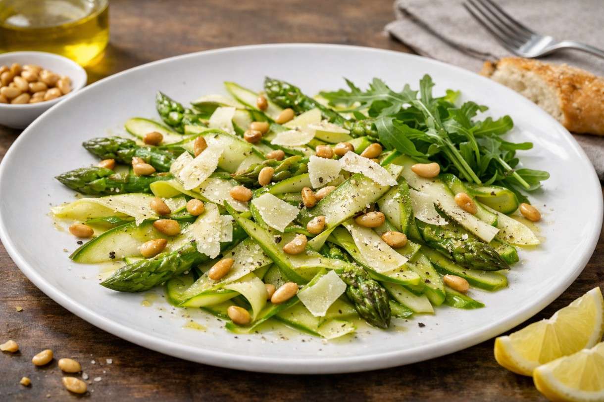 Es ist Spargelzeit: Spargel-Carpaccio mit Parmesan und Pinienkernen