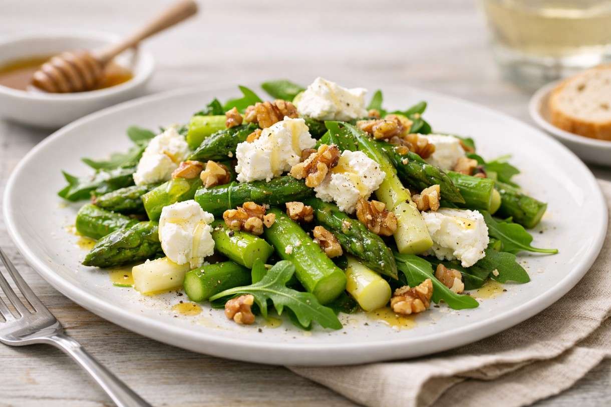 Spargelsalat mit Ziegenkäse, Honig und gerösteten Walnüssen
