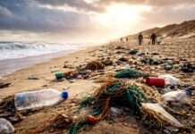 Wenn der Atlantik zurückschlägt – Wie Winterstürme die Strände der Gironde in Müllfelder verwandelten Stürme-tragen-Müll-an-Küste_Illustration