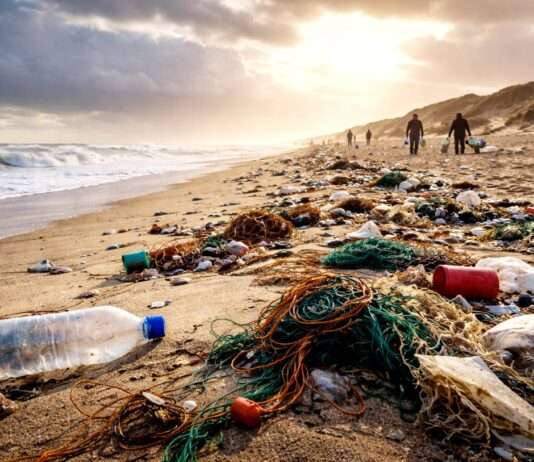 Wenn der Atlantik zurückschlägt – Wie Winterstürme die Strände der Gironde in Müllfelder verwandelten Stürme-tragen-Müll-an-Küste_Illustration