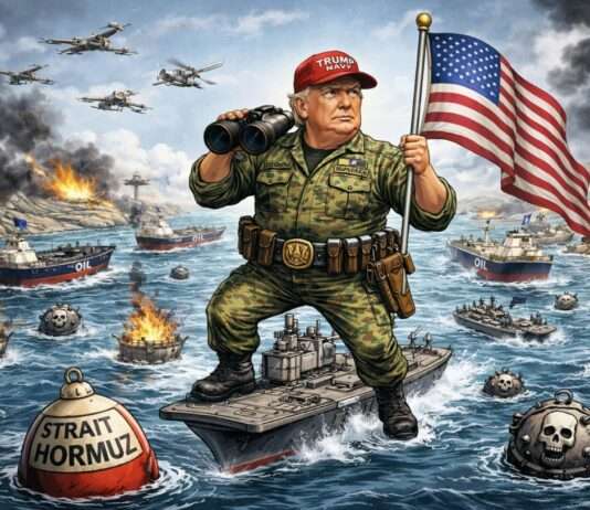 Hormus als Lackmustest: Warum Trumps Eskalationskurs auf begrenzte Gefolgschaft stösst Trump-Hormus-Satire_Illustration