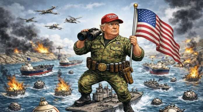 Hormus als Lackmustest: Warum Trumps Eskalationskurs auf begrenzte Gefolgschaft stösst Trump-Hormus-Satire_Illustration