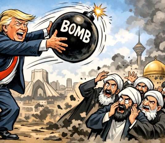 Zwischen Abschreckung und Regimewechsel: Trumps riskantes Spiel mit dem Iran Trump-Iran-Mullahs_Illustration