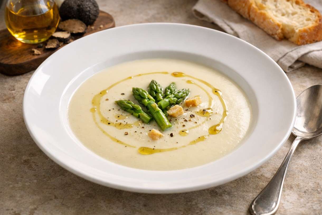 Es ist Spargelzeit: Velouté d’asperges mit Trüffelöl – französische Eleganz im Frühling
