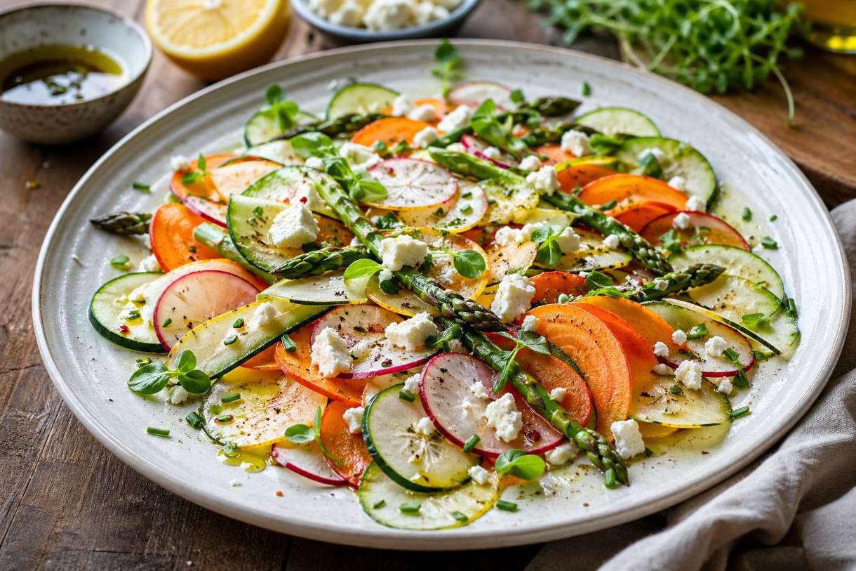Frühling auf dem Teller: Carpaccio de légumes mit jungem Gemüse & Feta