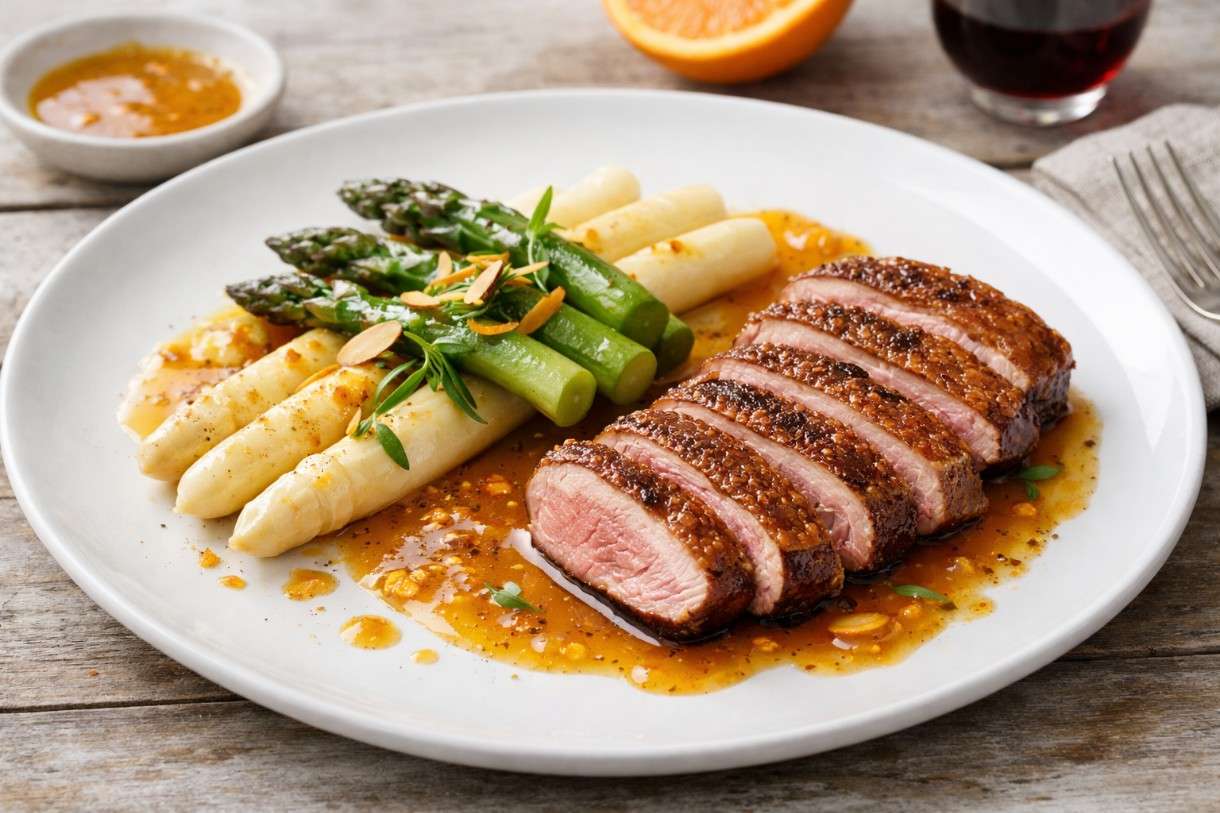 Es ist Spargelzeit – Spargel mit Entenbrust und Orangenreduktion