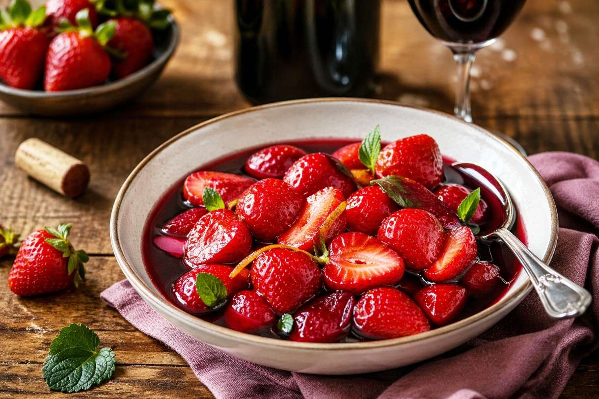 Die Zeit der Erdbeeren hat begonnen: Fraises au vin rouge