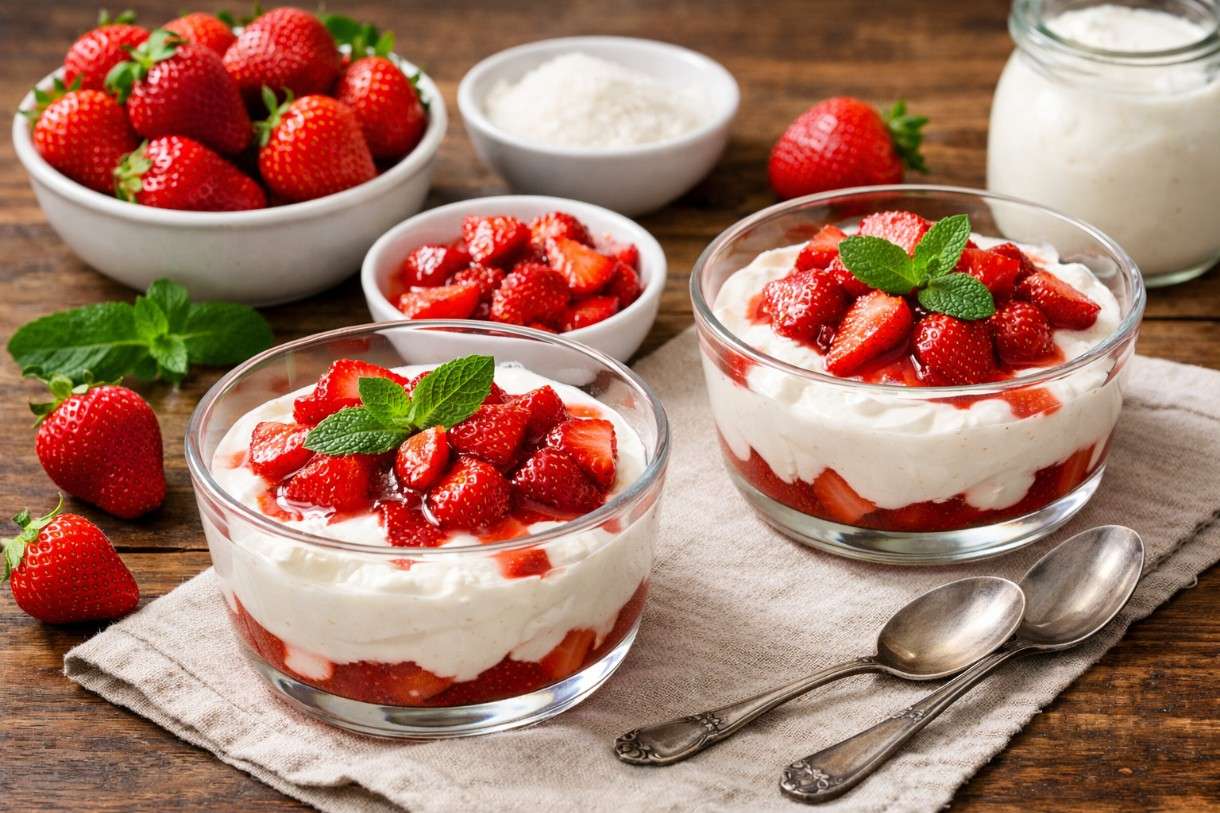 Die Zeit der Erdbeeren hat begonnen: Fromage blanc aux fraises – Frischkäse mit Erdbeeren