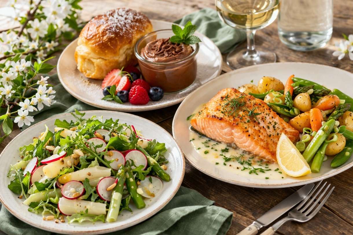 Oster-Frühlingsmenü mit Fisch und Gemüse