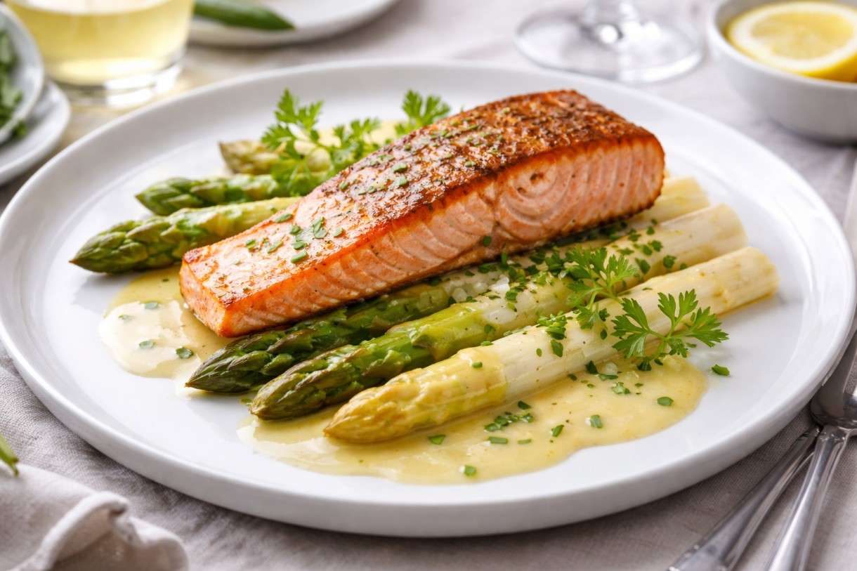 Es ist Spargelzeit: Spargel mit gebratenem Lachs und Beurre blanc