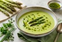 Frühling auf dem Teller: Velouté d’asperges vertes mit Kräuteröl Grüne-Spargelsuppe-mit-Kräuteröl