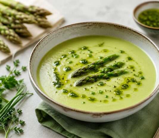 Frühling auf dem Teller: Velouté d’asperges vertes mit Kräuteröl Grüne-Spargelsuppe-mit-Kräuteröl