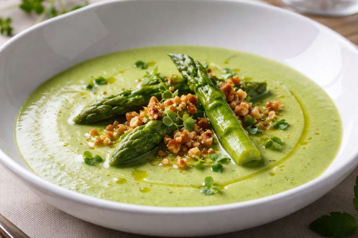 Ostern in der modernen französischen Küche: Grüner Spargel-Velouté mit Haselnuss-Crunch