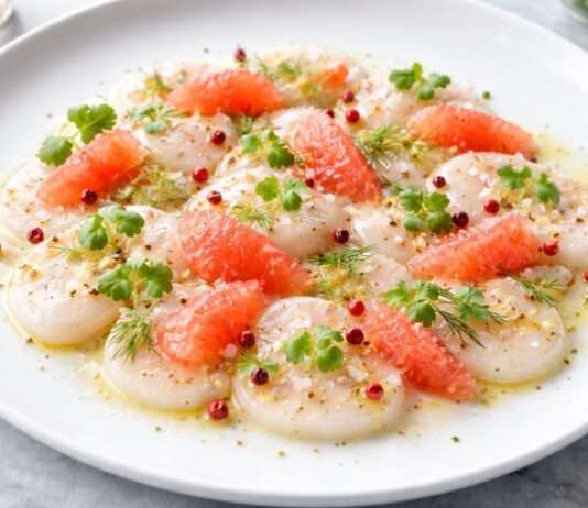 Ostern in der modernen französischen Küche: Jakobsmuschel-Carpaccio mit Grapefruit und rosa Pfeffer Jakobsmuschel-Carpaccio-mit-Grapefruit-und-rosa-Pfeffer