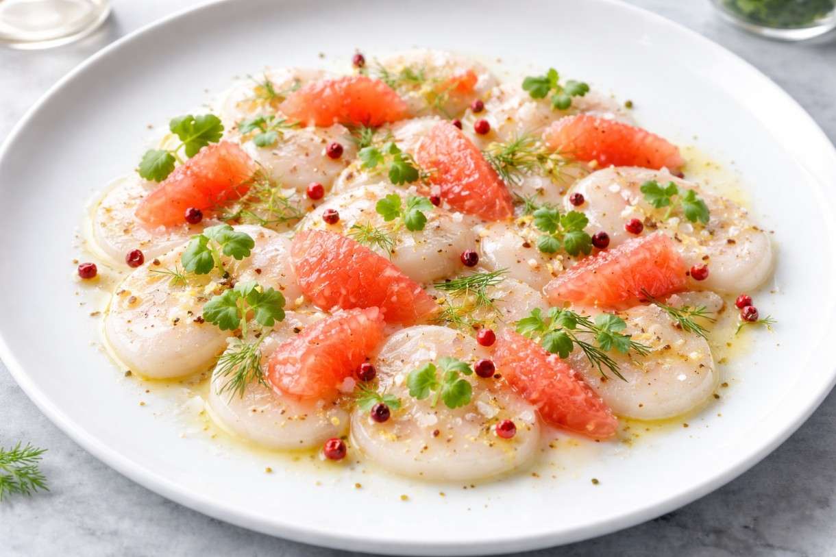 Ostern in der modernen französischen Küche: Jakobsmuschel-Carpaccio mit Grapefruit und rosa Pfeffer