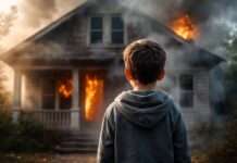 Ein Moment, der alles verändert: Wie ein Neunjähriger dem Feuer trotzte Junge-vor-brennendem-Haus_Illustration