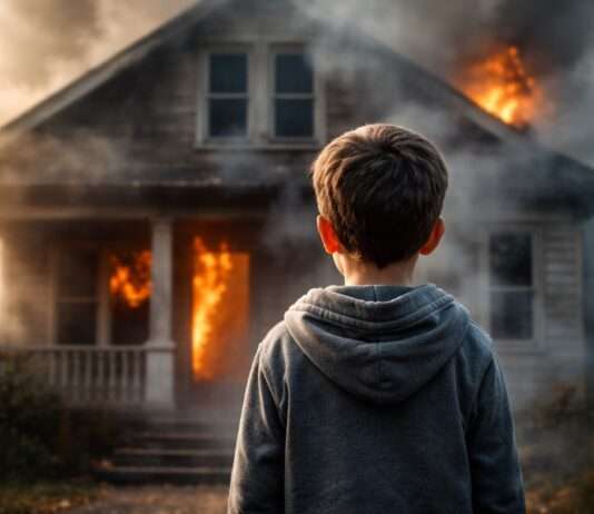 Ein Moment, der alles verändert: Wie ein Neunjähriger dem Feuer trotzte Junge-vor-brennendem-Haus_Illustration
