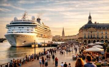 Zwischen Glanz und Gegenwind: Bordeaux und das stille Geschäft der Kreuzfahrer Kreuzfahrtschiff-an-der-Garonne-Bordeaux_Illustration