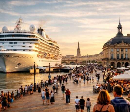 Zwischen Glanz und Gegenwind: Bordeaux und das stille Geschäft der Kreuzfahrer Kreuzfahrtschiff-an-der-Garonne-Bordeaux_Illustration