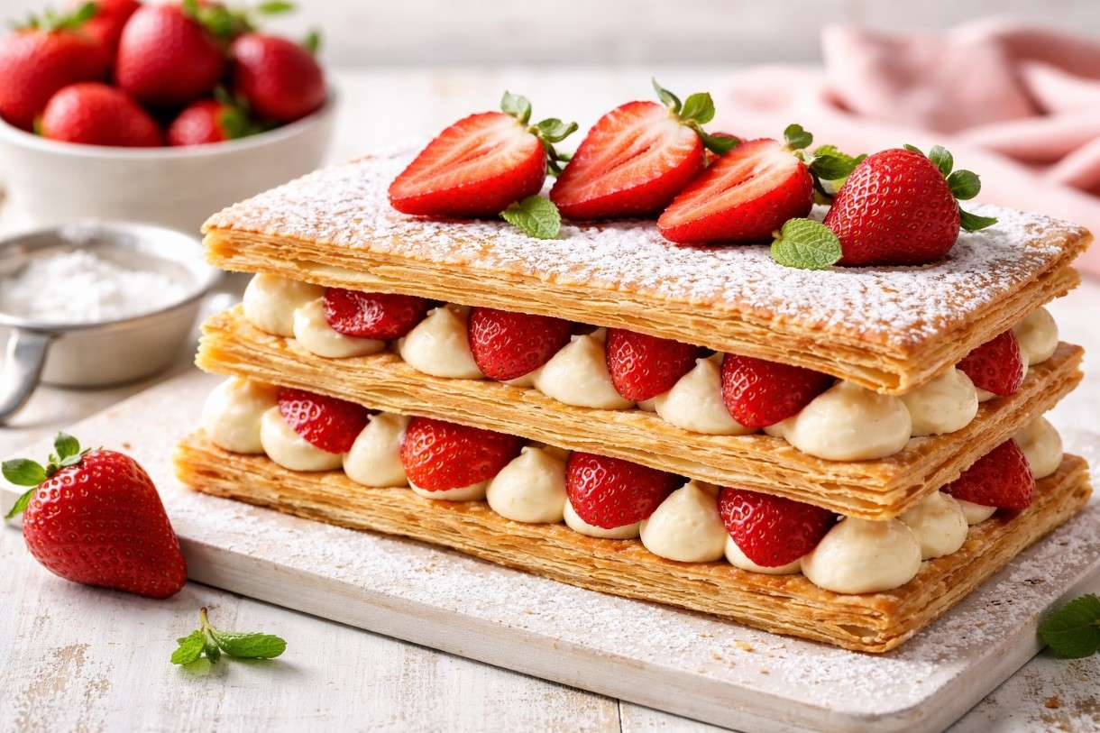 Eine der elegantesten Versuchungen der französischen Pâtisserie: das Mille-feuille aux fraises.