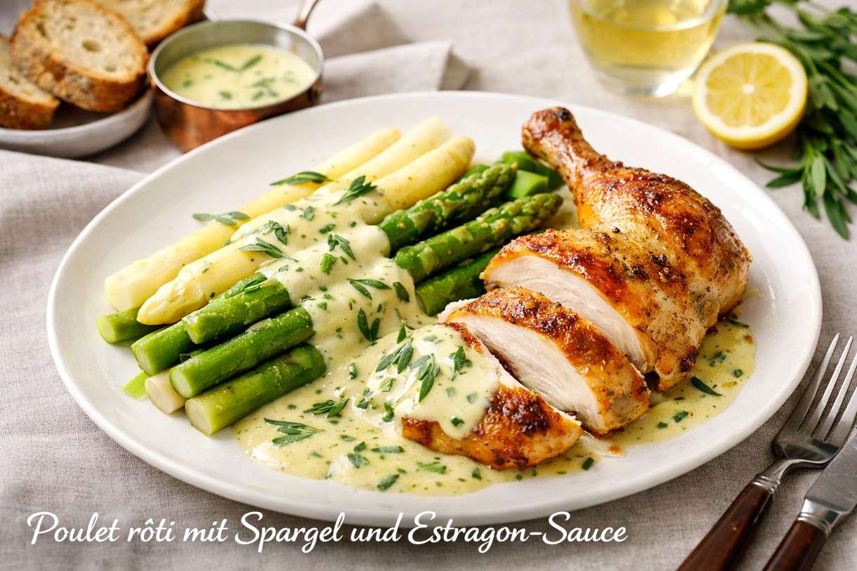 Es ist Spargelzeit: Poulet rôti mit Spargel und Estragon-Sauce
