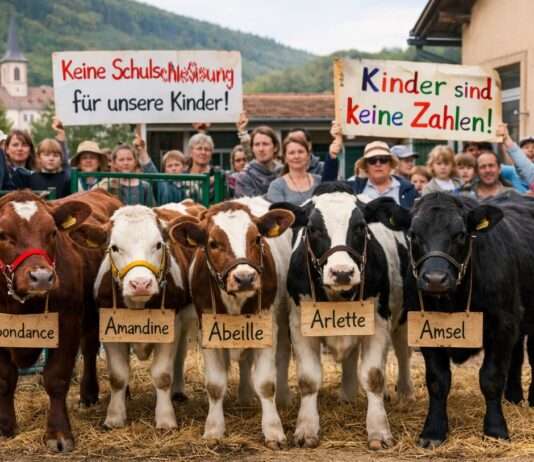 Fünf Kälber gegen die Logik der Zahlen: Wie ein Dorf seine Schule verteidigt Protest-Schulschliessung-Elsass_Illustration