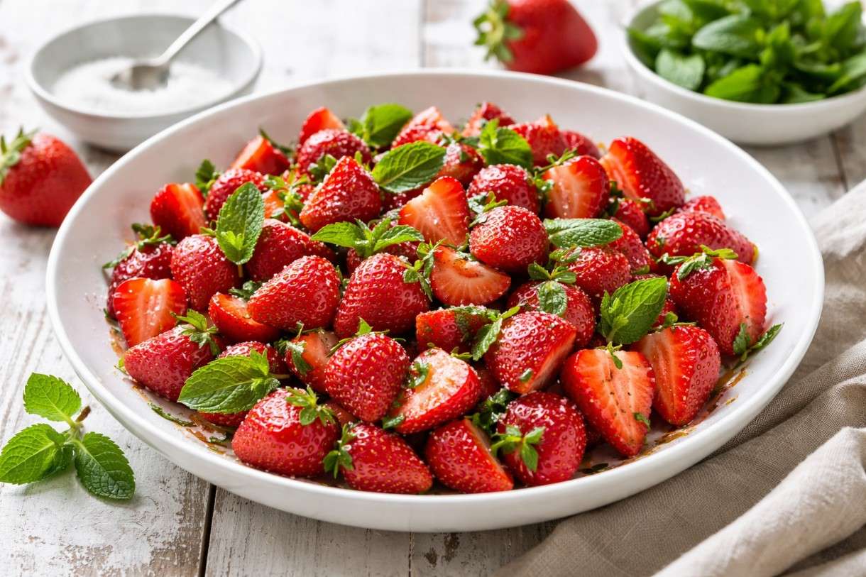 Die Zeit der Erdbeeren hat begonnen - Salade de fraises à la menthe