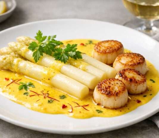 Sous-vide gegarter Spargel mit Jakobsmuscheln und Safransauce Spargel-mit-Jakobsmuscheln