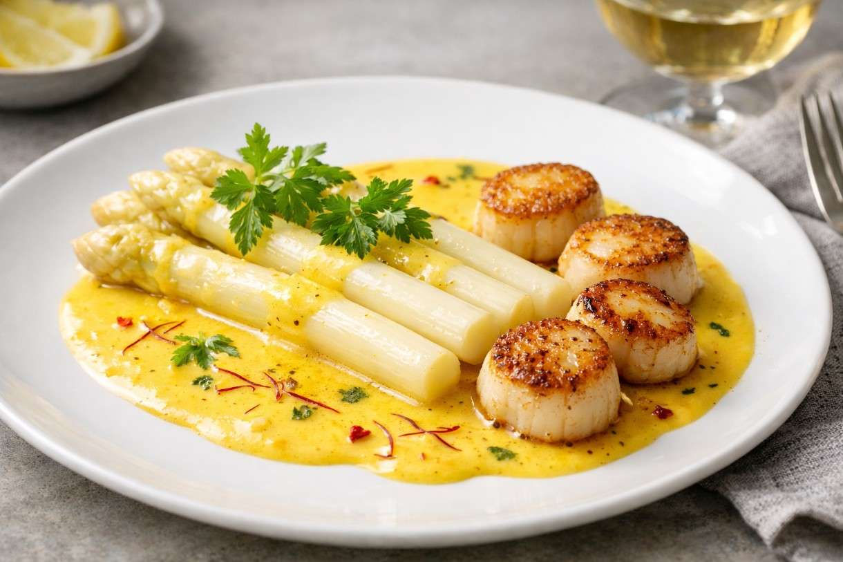 Sous-vide gegarter Spargel mit Jakobsmuscheln und Safransauce