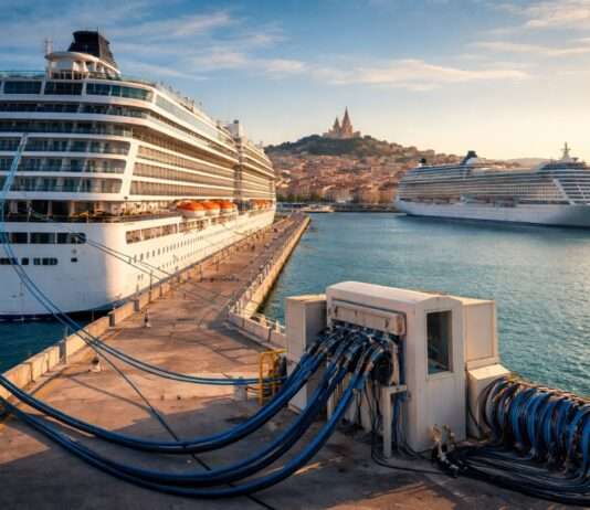 Marseille dreht den Stecker um – und plötzlich riecht die Zukunft anders Strom-Kreuzfahrtschiffe-Marseille_Illustration