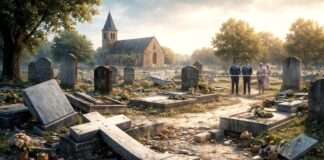 Erschütterte Ruhe: Friedhofsschändungen verunsichern den Westen Frankreichs Vandalismus-auf-ländlichem-Friedhof_Illustration