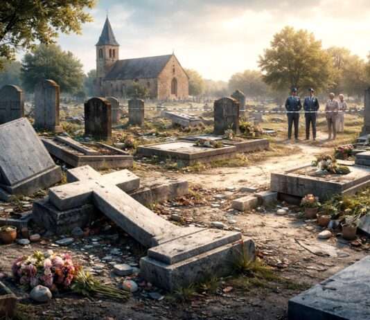 Erschütterte Ruhe: Friedhofsschändungen verunsichern den Westen Frankreichs Vandalismus-auf-ländlichem-Friedhof_Illustration