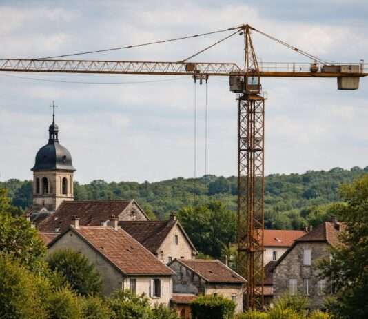 Ein stählernes Relikt: Wie ein vergessener Kran ein Dorfleben prägt Verlassener-Kran-über-französischem-Dorf_Illustration