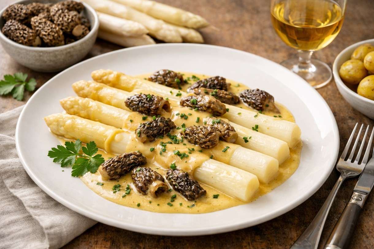 Es ist Spargelzeit: Weißer Spargel mit Morcheln und Vin jaune-Sauce