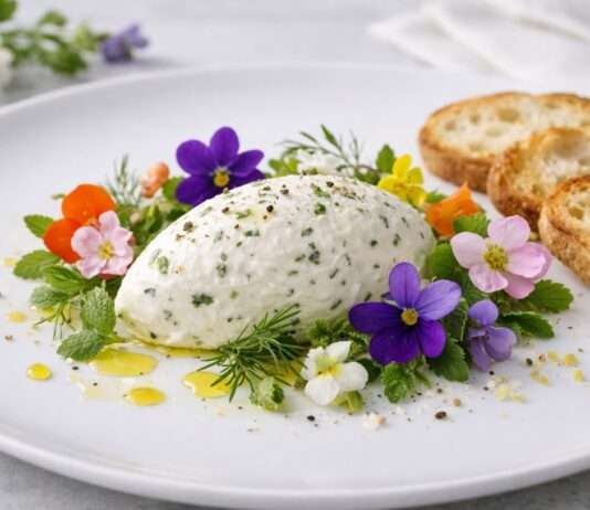 Ostern in der modernen französischen Küche: Ziegenkäse-Mousse mit Kräutern und essbaren Blüten Ziegenkäse-Mousse-mit-Kräutern-und-essbaren-Blüten