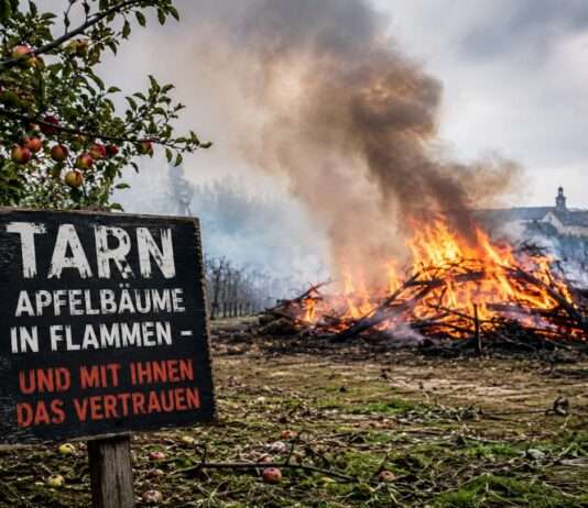 Im Tarn brennen die Apfelbäume – und mit ihnen das Vertrauen Apfelplantage-Brandrodung_Illustration