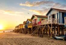 Holz im Wind Bunte-Strandhäuser-im-warmen-Sonnenlicht