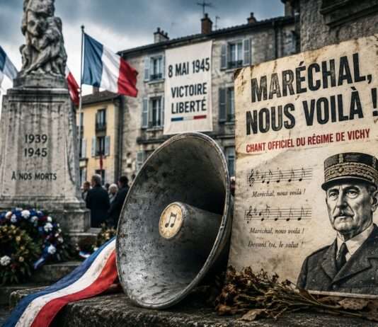 Mitten am 8. Mai: Wenn der Geist von Vichy plötzlich wieder aus den Lautsprechern kriecht Carpentras-Petain-8-Mai-Provokation_Illustration