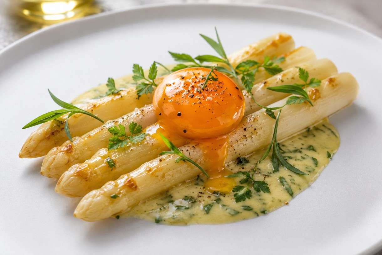 Gebratener weißer Spargel mit Estragon-Beurre-blanc und confiertem Eigelb