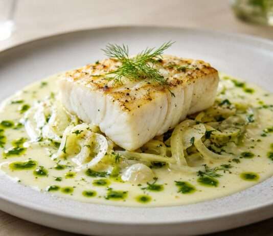 Kabeljau auf Beurre-blanc mit Fenchel und grünem Öl Kabeljau-auf-Beurre-blanc-mit-Fenchel-und-grünem-Öl