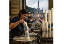 Wachslicht und Weltgeschehen Kerzenfabriken-Lourdes_Illustration