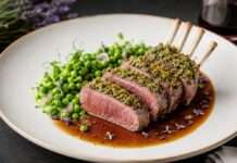 Lammrücken sous-vide mit Kräuterkruste, jungen Erbsen und Lavendel-Jus Lammrücken-sous-vide-mit-Kräuterkruste-und-jungen-Erbsen-und-Lavendel-Jus